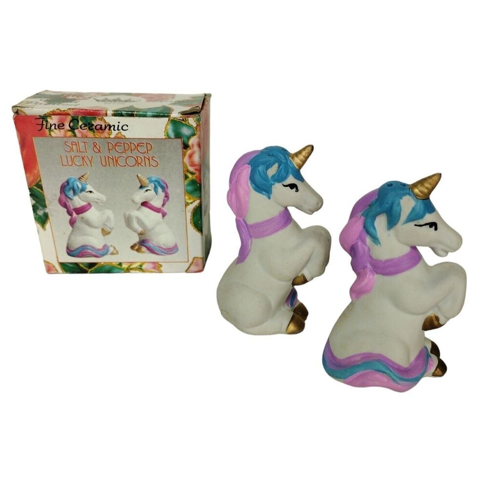 Vintage 80s Lucky Unicorns Ceramic Gold Horn Salt and Pepper Novelty Shakers NOS